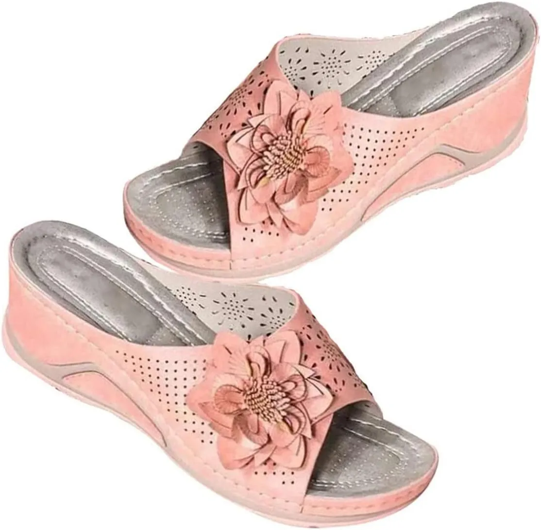 3D Floral Cutout Women's Leather Soft Insole Orthopedic Arch Support Sandals, Retro Bohemian Wedge Slippers, Suede Moccasins.