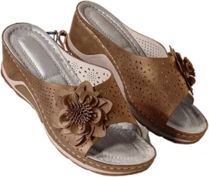 3D Floral Cutout Women's Leather Soft Insole Orthopedic Arch Support Sandals, Retro Bohemian Wedge Slippers, Suede Moccasins.