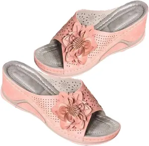 3D Floral Cutout Women's Leather Soft Insole Orthopedic Arch Support Sandals, Retro Bohemian Wedge Slippers, Suede Moccasins.