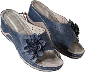 3D Floral Cutout Women's Leather Soft Insole Orthopedic Arch Support Sandals, Retro Bohemian Wedge Slippers, Suede Moccasins.