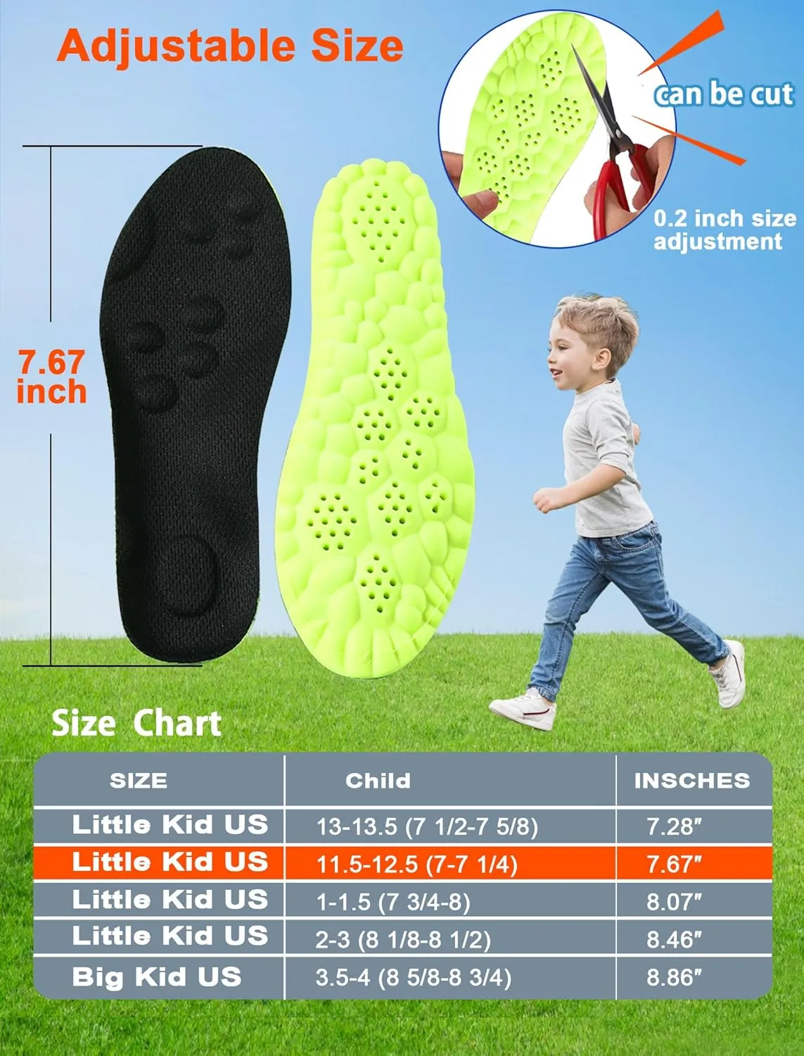 4D Cloud Soles Kids Insoles - Children's Plantar Fasciitis Memory Foam Shoe Inserts- Arch Support Comfort Shoe Sole Insert for Sneakers (Black, Little Kid US 13-13.5 (7 1/2-7 5/8)=7.67in)