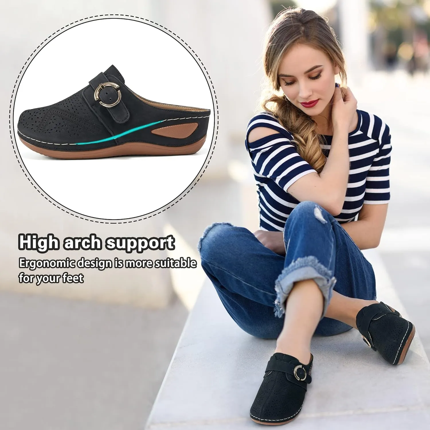 Alicegana Mules for Women Comfort Closed Toe Sandals Summer Slip on Wedge with Adjustable Hook Loop
