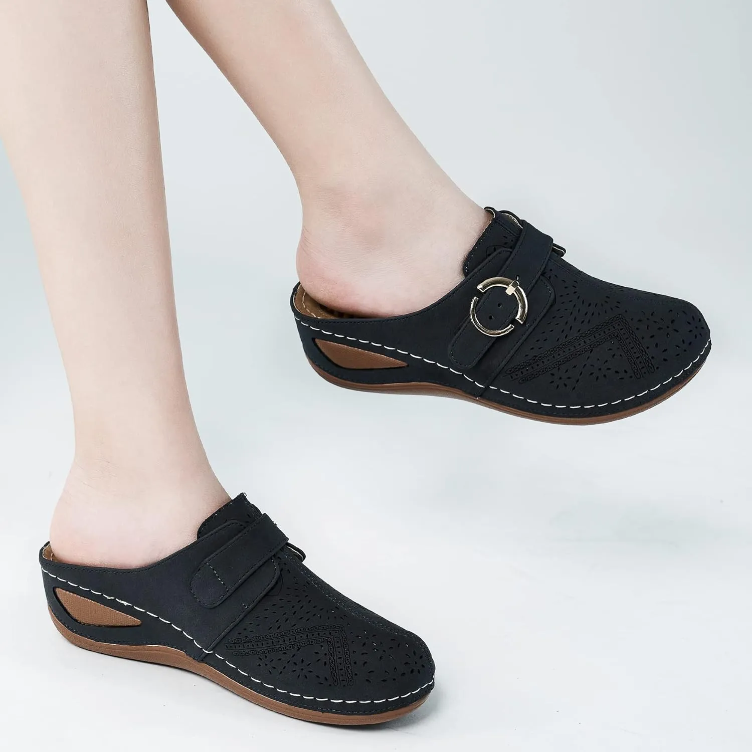 Alicegana Mules for Women Comfort Closed Toe Sandals Summer Slip on Wedge with Adjustable Hook Loop