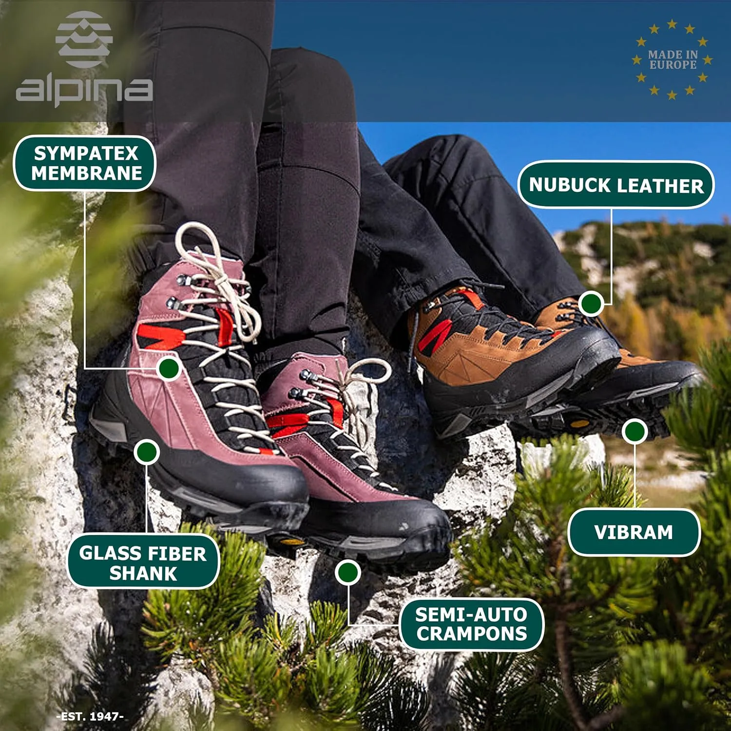 Alpina CARABINER - Made in Europe - Men's | Women's Mountaineering Boots - Waterproof - Sympatex Brathable Membrane - Vibram - Textile & Synthetic or Leather Upper