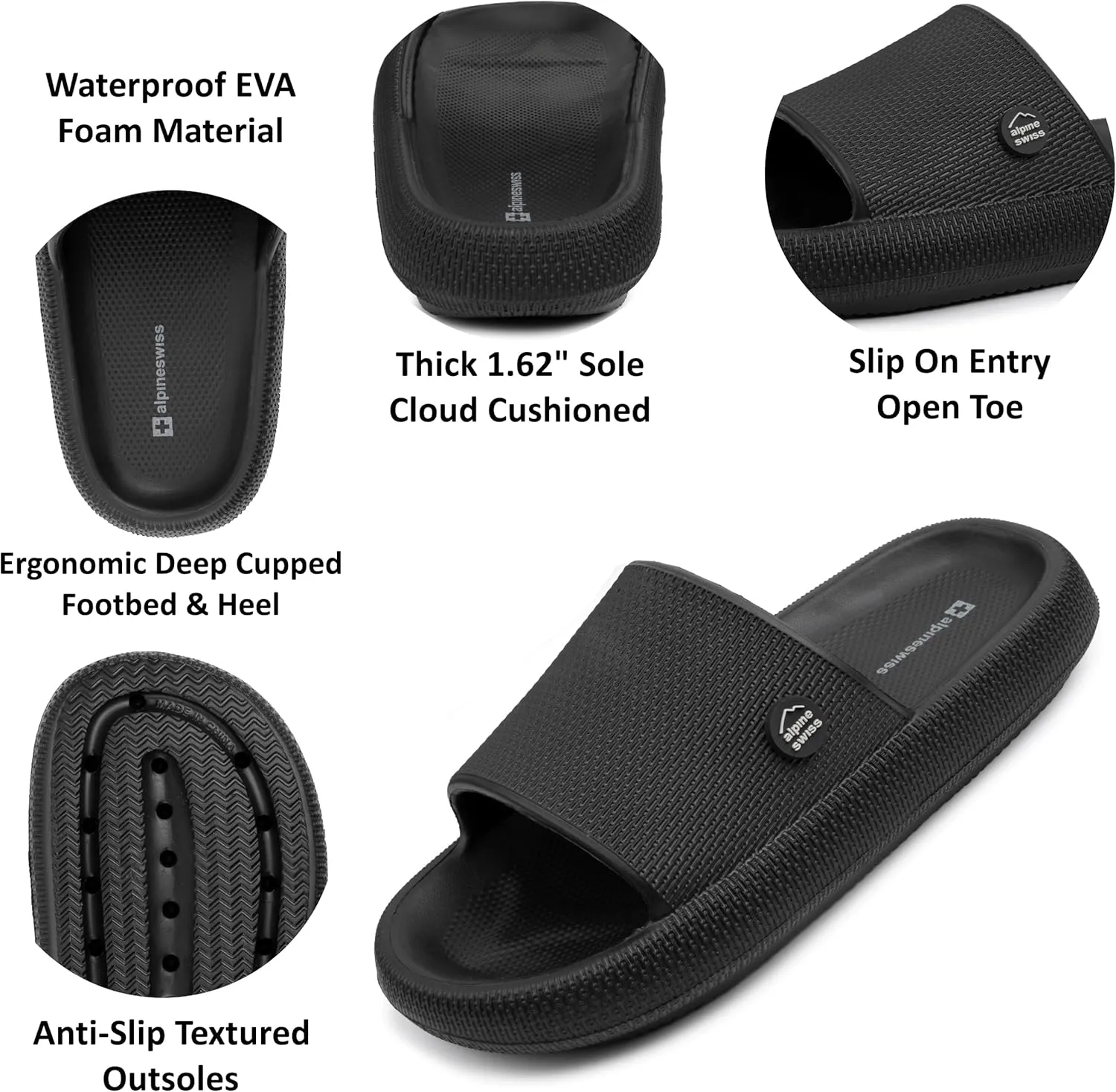 Alpine Swiss Omar Mens Slides Pillow Slippers for Men Ultra Cushioned Cloud Slides Waterproof Lightweight Sandals Quick Drying Non Slip Shower Shoes