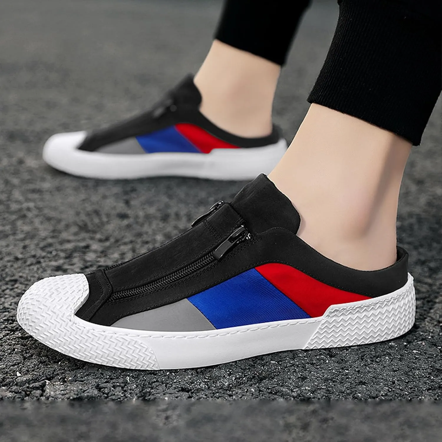 AngryMonkey Men's Slip-On Canvas Mules,Fashion Colorblock Sneakers Dual Zip Backless Breathable Low-top Flat Casual Slippers