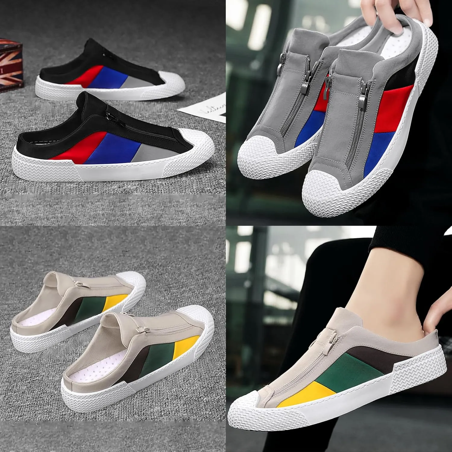 AngryMonkey Men's Slip-On Canvas Mules,Fashion Colorblock Sneakers Dual Zip Backless Breathable Low-top Flat Casual Slippers