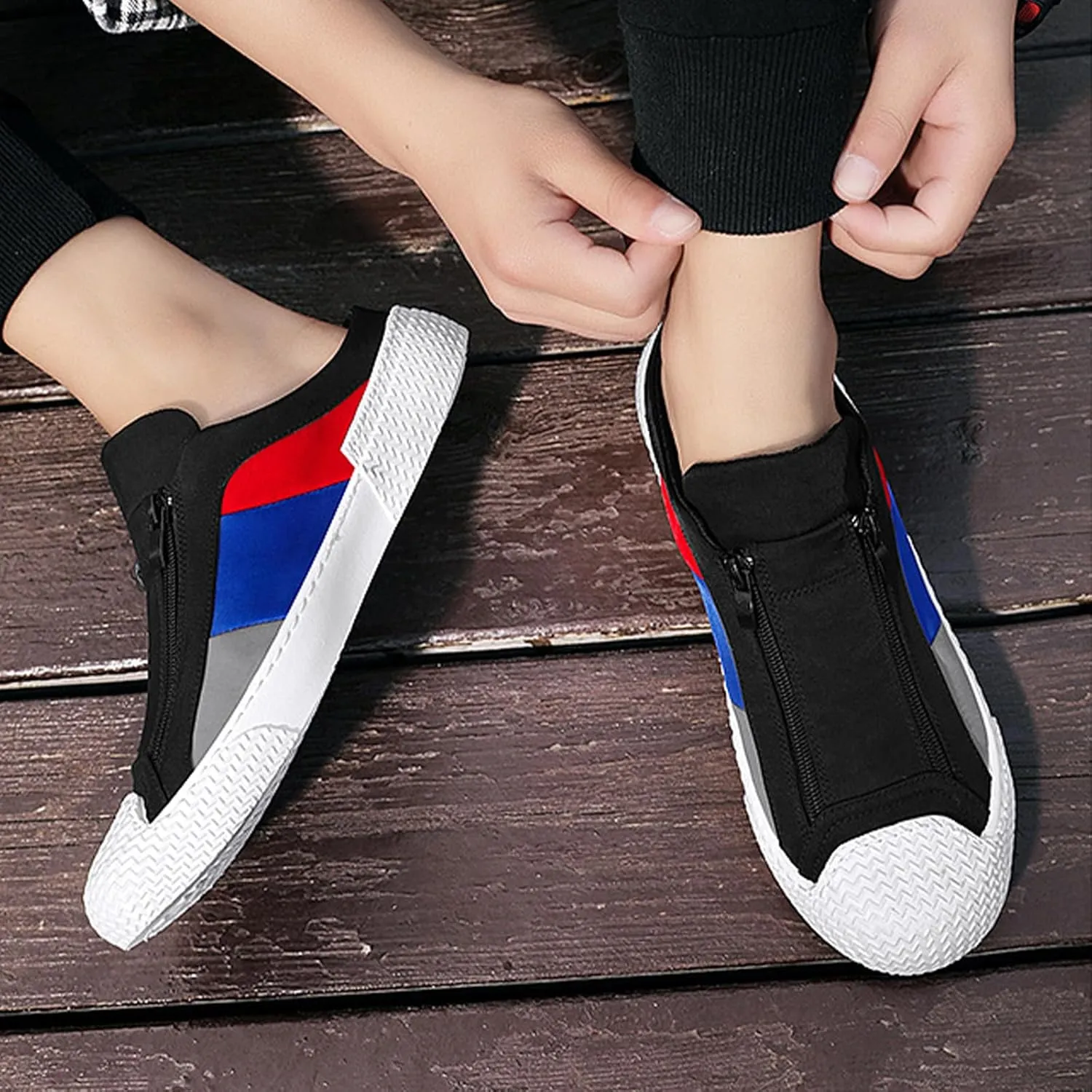 AngryMonkey Men's Slip-On Canvas Mules,Fashion Colorblock Sneakers Dual Zip Backless Breathable Low-top Flat Casual Slippers