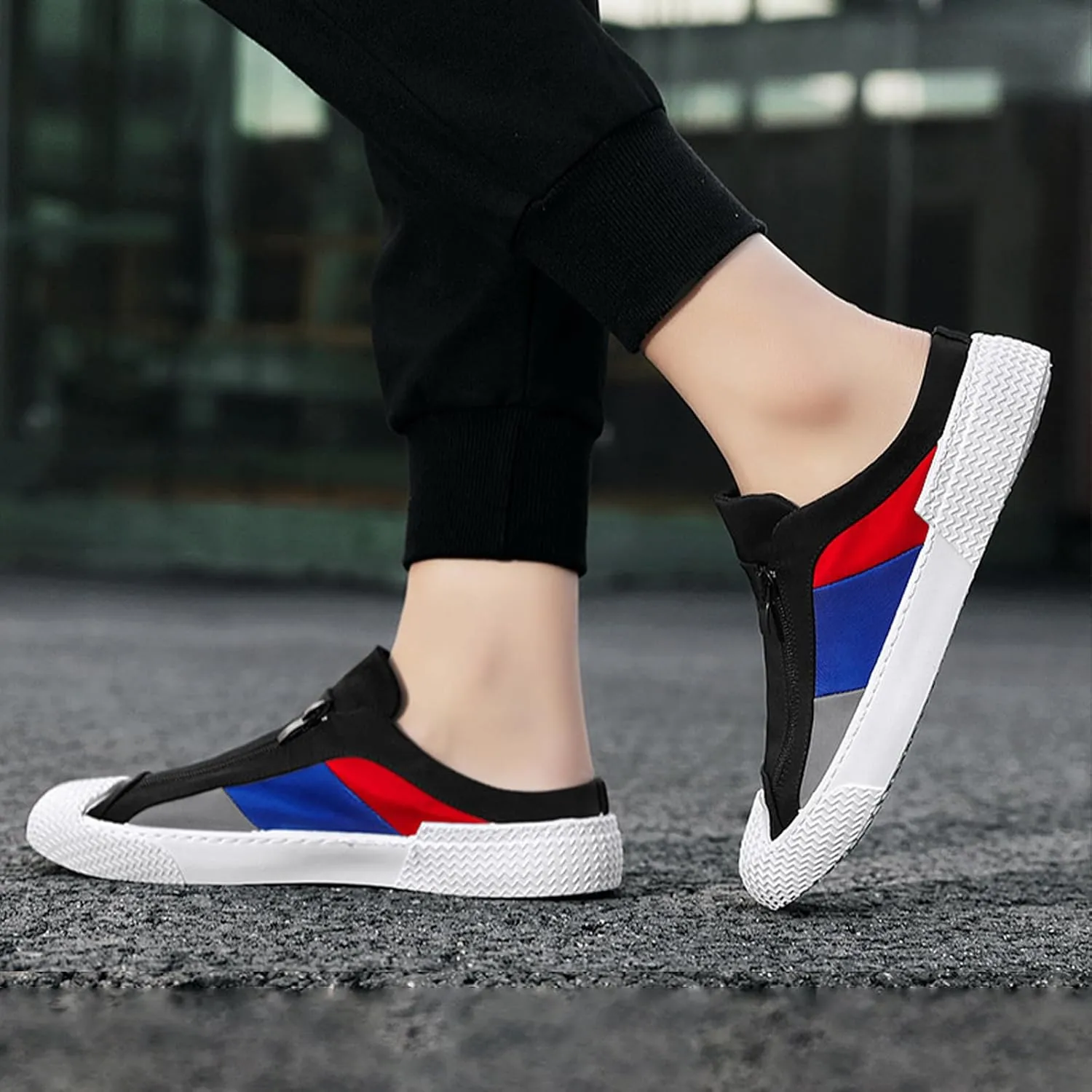 AngryMonkey Men's Slip-On Canvas Mules,Fashion Colorblock Sneakers Dual Zip Backless Breathable Low-top Flat Casual Slippers
