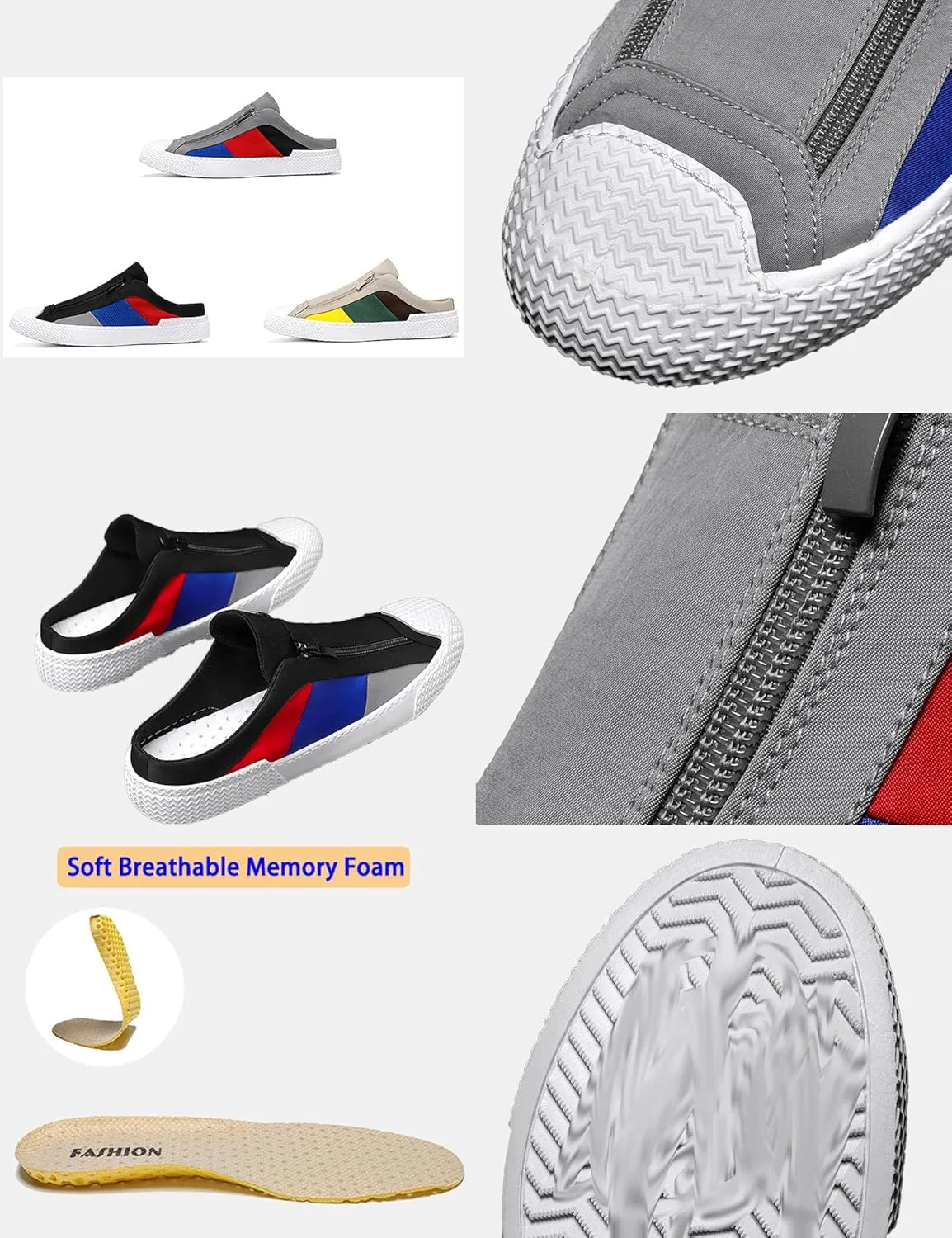 AngryMonkey Men's Slip-On Canvas Mules,Fashion Colorblock Sneakers Dual Zip Backless Breathable Low-top Flat Casual Slippers