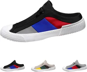 AngryMonkey Men's Slip-On Canvas Mules,Fashion Colorblock Sneakers Dual Zip Backless Breathable Low-top Flat Casual Slippers