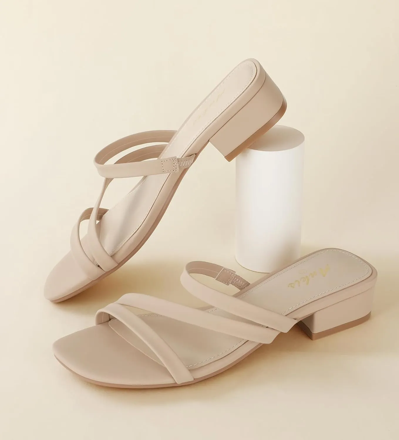 Ankis Black Nude White Strappy Heels Women 1 Inch Low Chunky Block Heel Heeled Sandals Square Open Toe Slip On Slides Mules