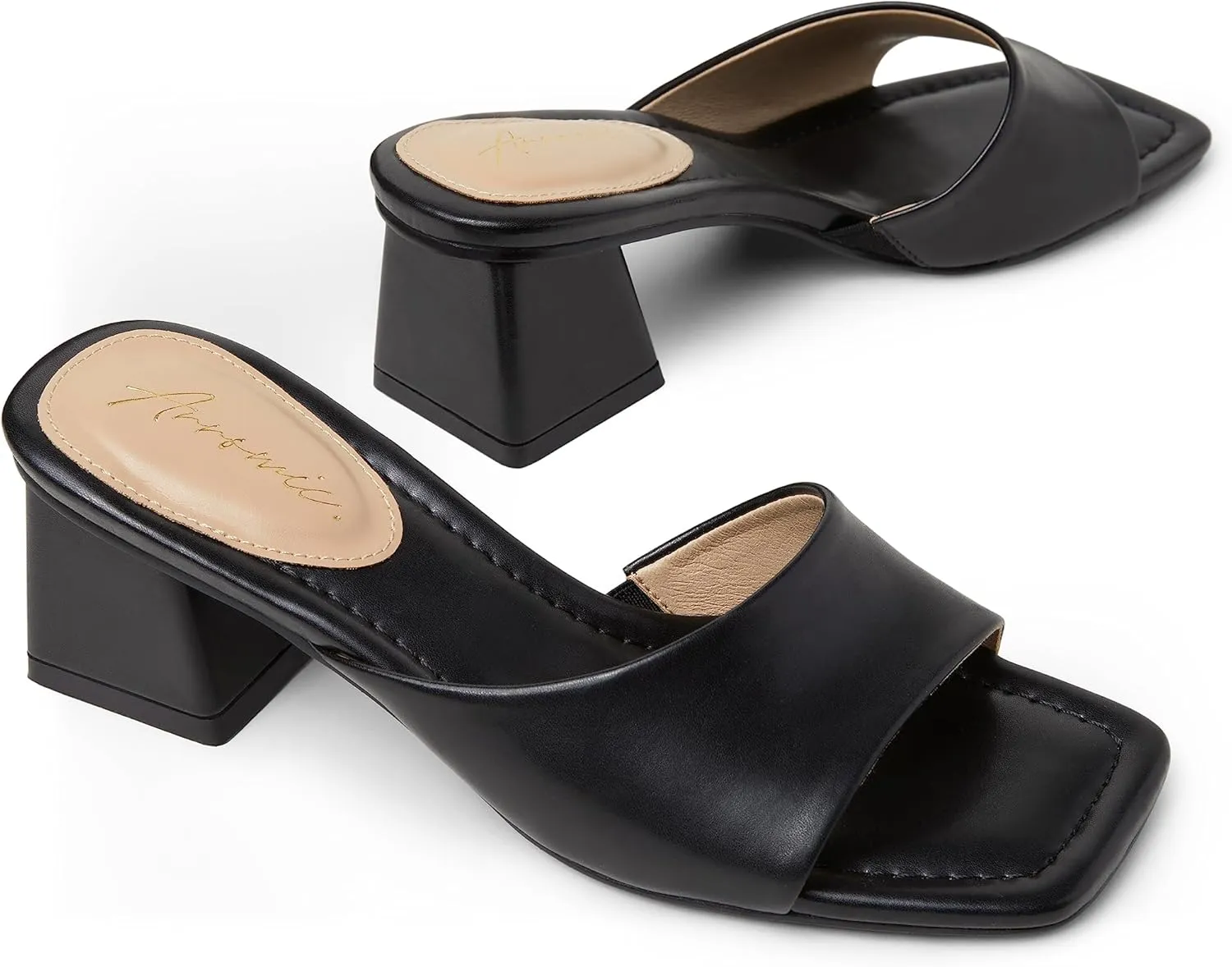 Arromic Women's Block Mule Heeled Sandals Clear Black Nude White Chunky Heels 2 Inches Square Open Toe Slip on Backless Mules Heeled Slippers Dressy Party Prom Wedding Shoes
