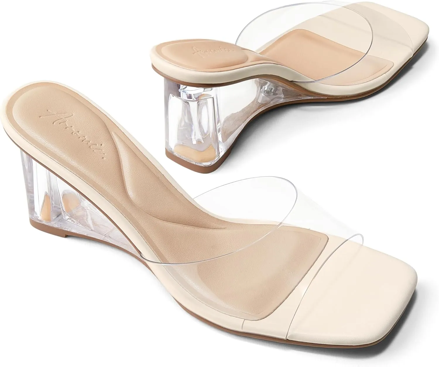 Arromic Women's Clear Wedge Heels Sandals Square Toe Slip On Heeled Sexy Transparent Low Summer Dress Evening Party Wedding Prom Slides Mules Slippers Shoes