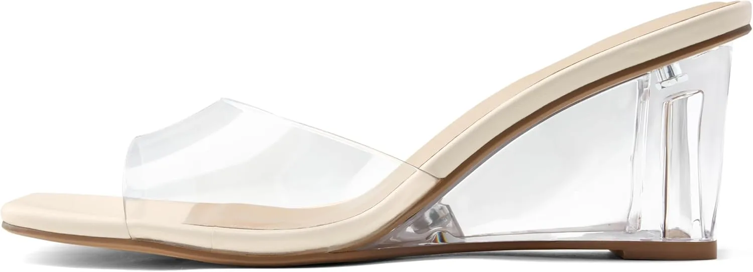 Arromic Women's Clear Wedge Heels Sandals Square Toe Slip On Heeled Sexy Transparent Low Summer Dress Evening Party Wedding Prom Slides Mules Slippers Shoes