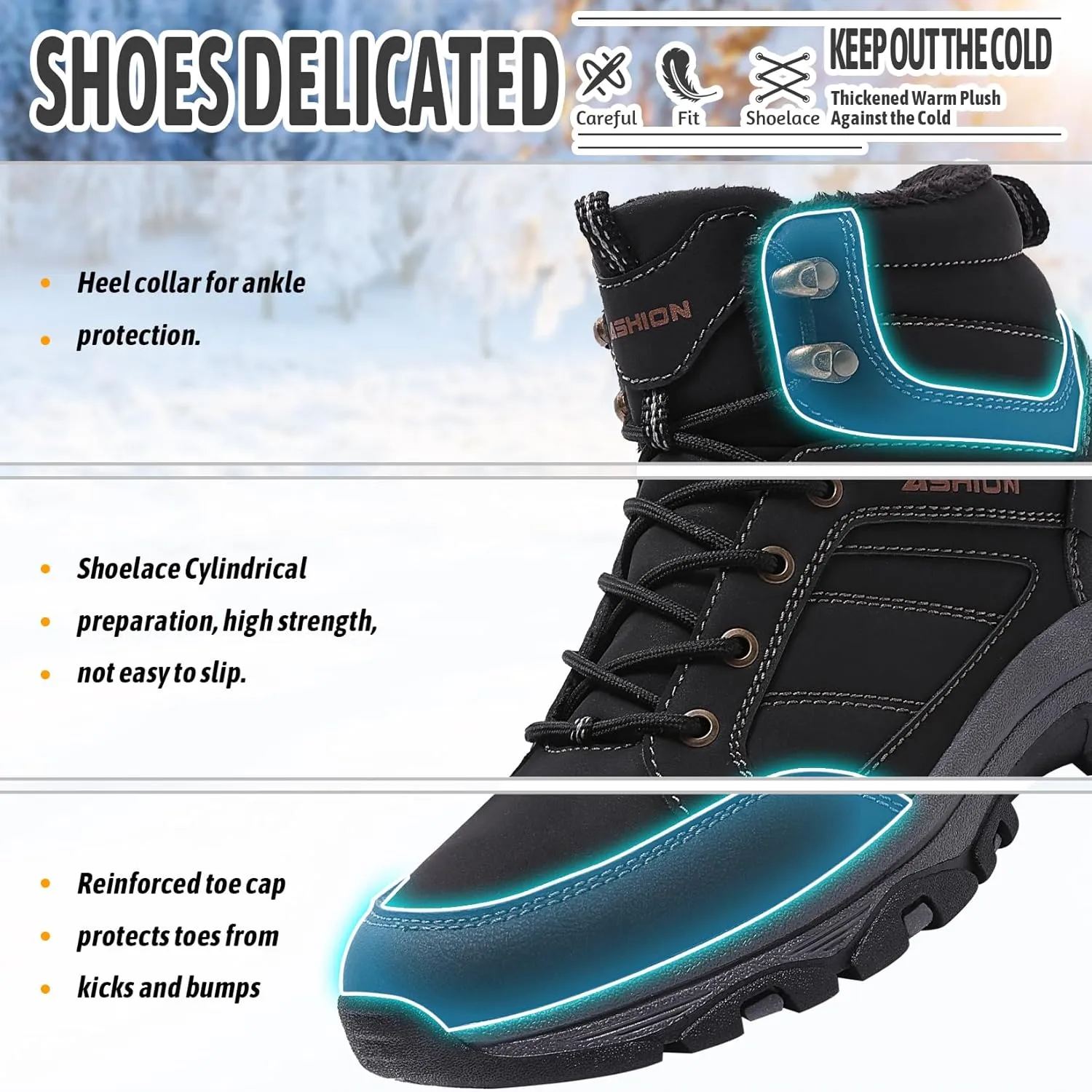 ASHION Mens Snow Boots Barefoot Winter Shoes Hiking Footwear Fur Lined Warm Ankle Boots Zero Drop Sole Comfortable Outdoor Walking Shoes Booties