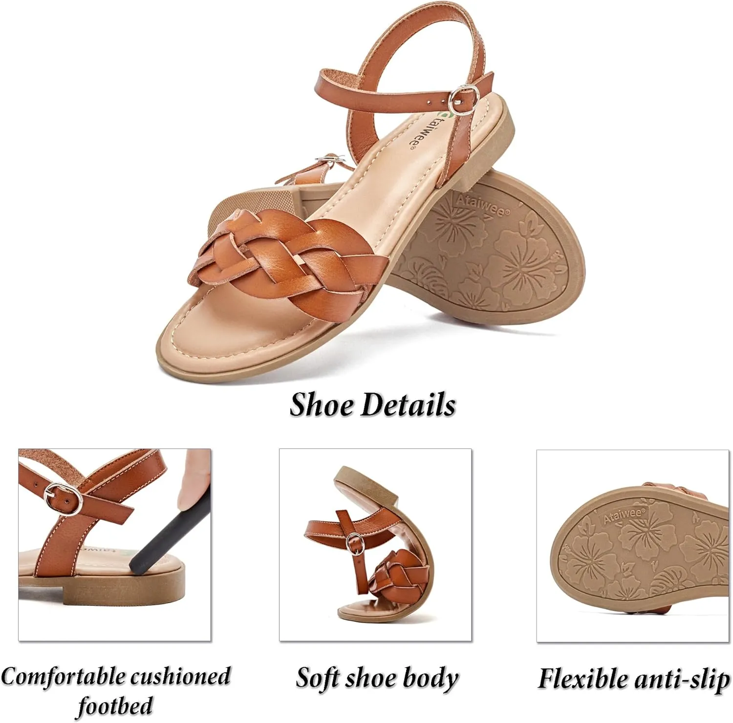Ataiwee Women's Slide Flat Sandals - Comfortable Slip On Plait Toe Thong Strappy Spring Summer Shoes.
