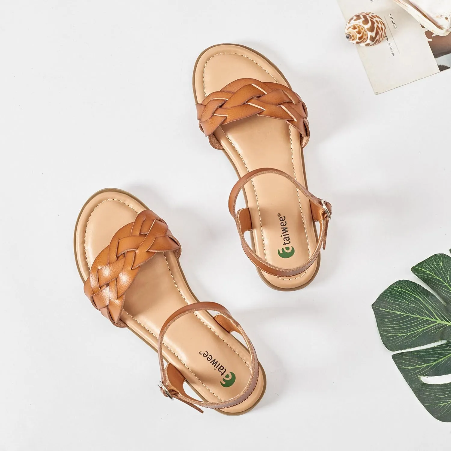 Ataiwee Women's Slide Flat Sandals - Comfortable Slip On Plait Toe Thong Strappy Spring Summer Shoes.
