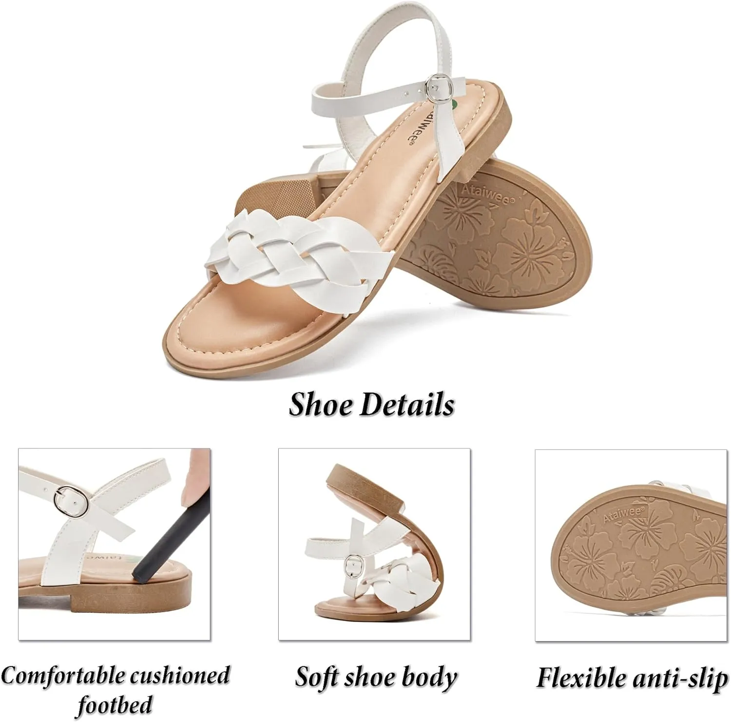 Ataiwee Women's Slide Flat Sandals - Comfortable Slip On Plait Toe Thong Strappy Spring Summer Shoes.