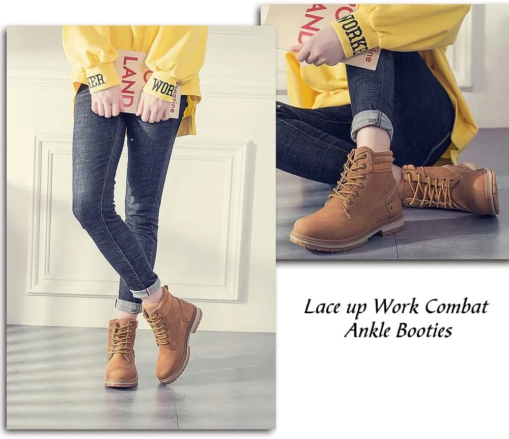 Athlefit Women's Work Waterproof Hiking Combat Boots Lace up Low Heel Booties Ankle Boots