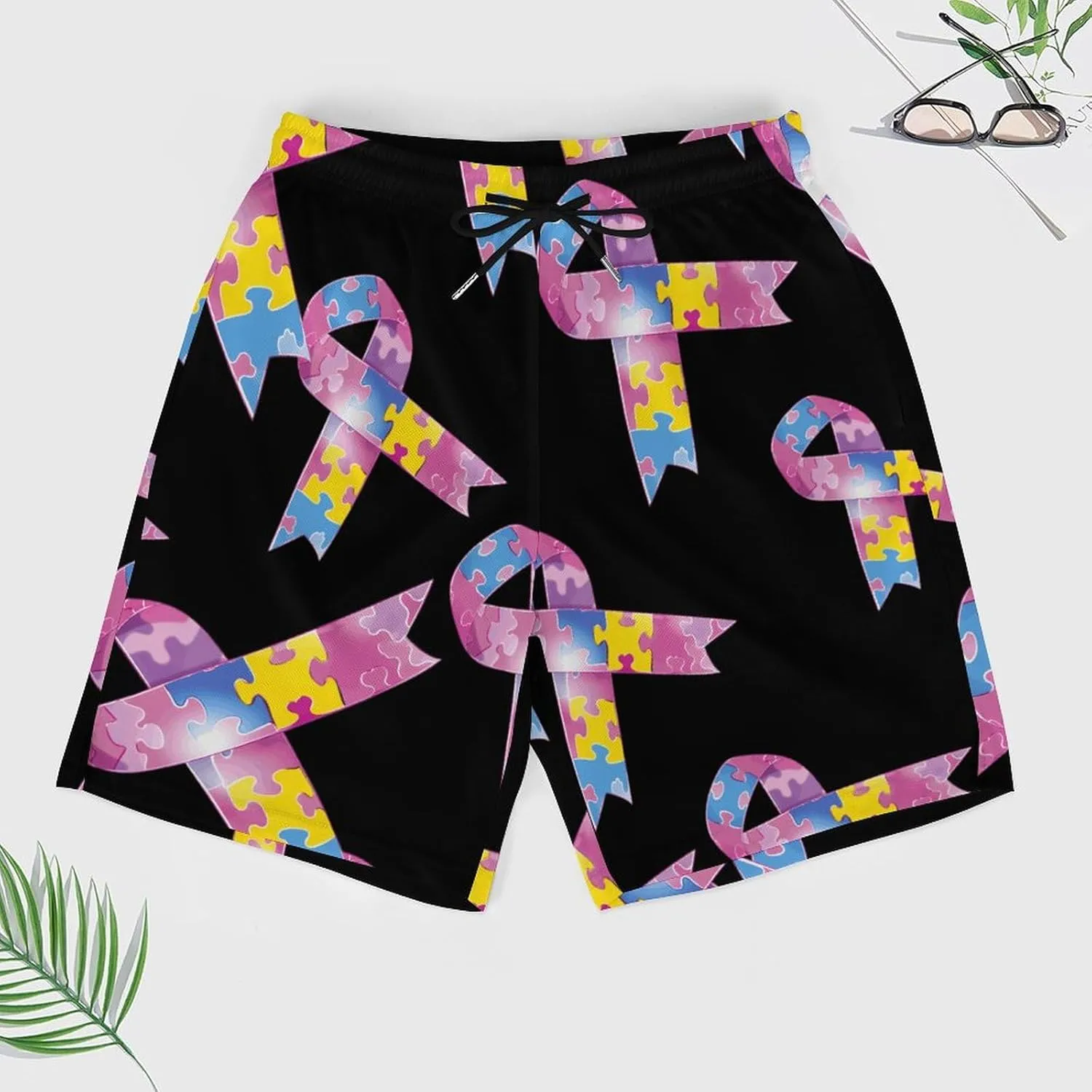 Autism Awareness Ribbons Men's Swim Trunks Quick Dry Board Shorts Swimwear Beach Shorts with Compression Liner