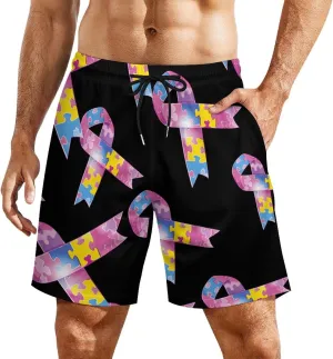 Autism Awareness Ribbons Men's Swim Trunks Quick Dry Board Shorts Swimwear Beach Shorts with Compression Liner