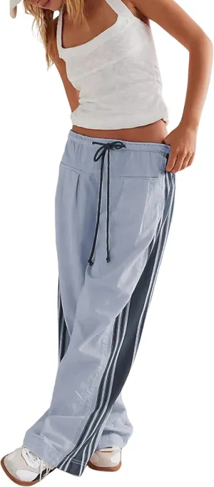 Bankeng Womens Side Striped Pants Wide Leg Drawstring High Waist Sweatpants Hudson Canyon Stripe Pants with Pockets(LightBlue,L)