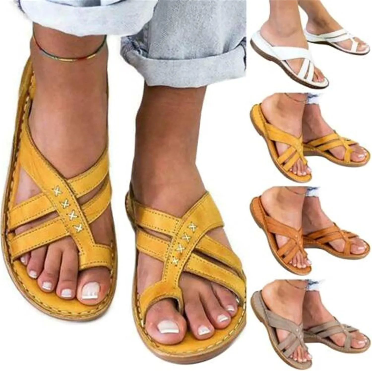 BBPM Sandals for Women Summer Bunion Correction Sandals Flip Flops Arch Support Sandals Comfy Slippers Big Toe Bone Flat Orthopedic Walking Shoes,Brass,EU37/US6