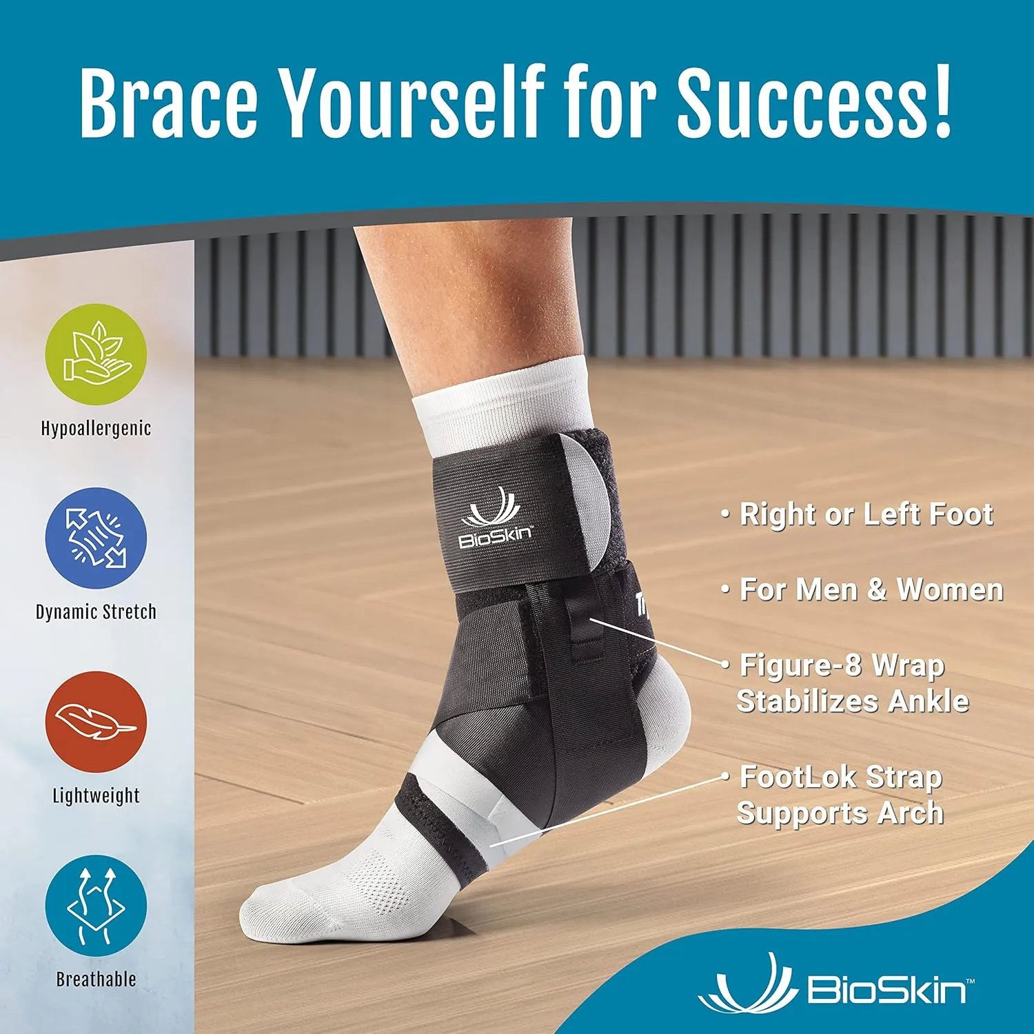 BioSkin TriLok Ankle Brace with Massage Ball - Ankle Brace for Women & Men, Sprained Ankle, Plantar Fasciitis Relief, Foot Arch Support, Peroneal Tendonitis Relief, & PTTD Support