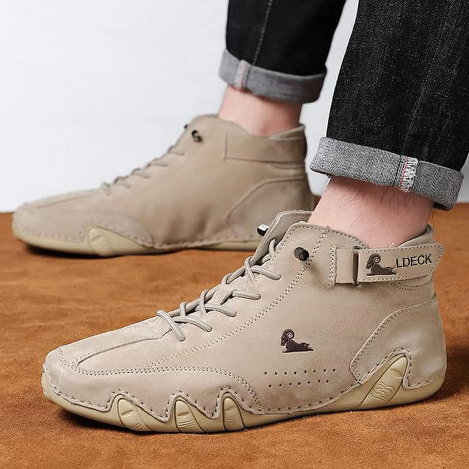 Braised Pork Italian Handmade Suede High Boots,Men's Soft Leather Casual Sneakers Non-Slip Breathable High Boots (US-10.5,Khaki)
