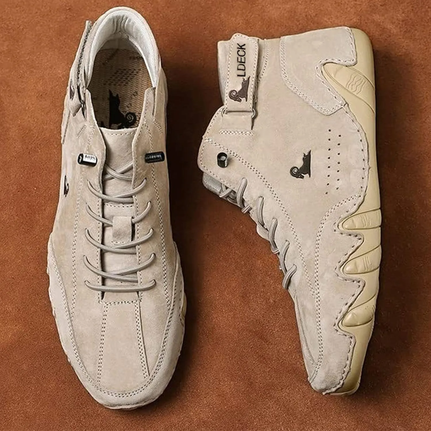 Braised Pork Italian Handmade Suede High Boots,Men's Soft Leather Casual Sneakers Non-Slip Breathable High Boots (US-10.5,Khaki)