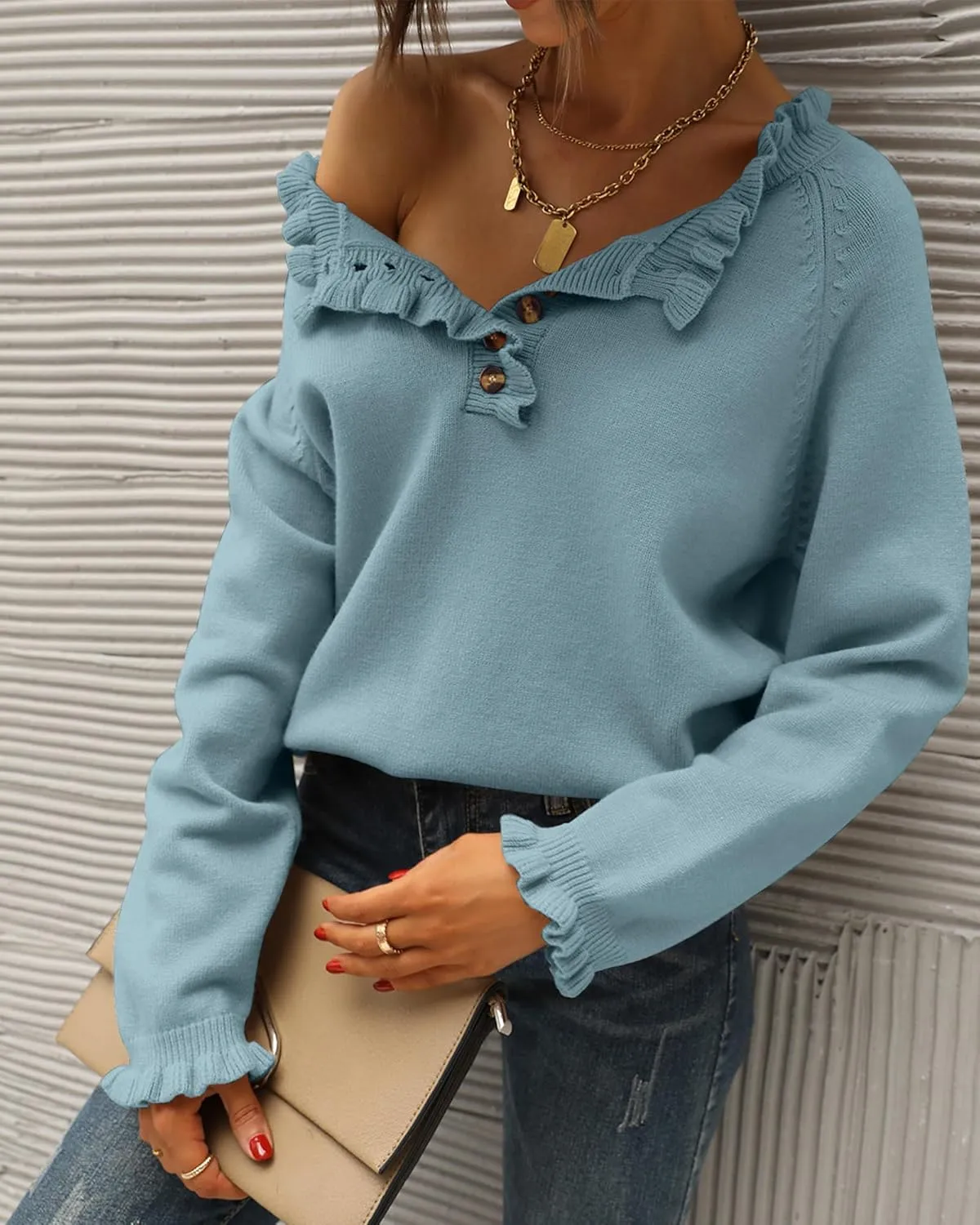 BTFBM Womens Sweaters Fall Winter Clothes 2025 Long Sleeve Button Down Ruffle Crew Neck Casual Knitted Pullover Tops