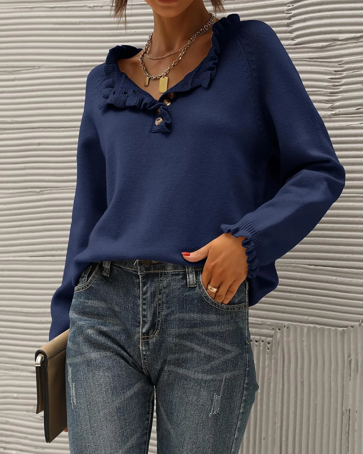 BTFBM Womens Sweaters Fall Winter Clothes 2025 Long Sleeve Button Down Ruffle Crew Neck Casual Knitted Pullover Tops
