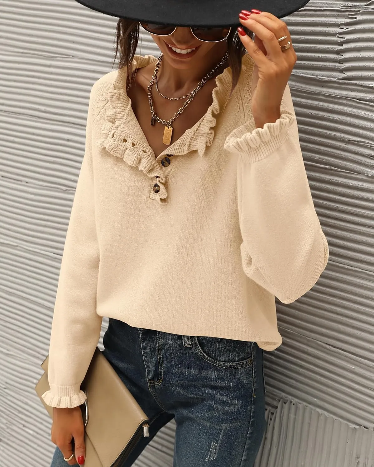 BTFBM Womens Sweaters Fall Winter Clothes 2025 Long Sleeve Button Down Ruffle Crew Neck Casual Knitted Pullover Tops