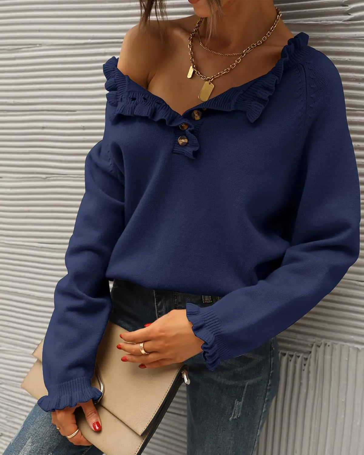 BTFBM Womens Sweaters Fall Winter Clothes 2025 Long Sleeve Button Down Ruffle Crew Neck Casual Knitted Pullover Tops
