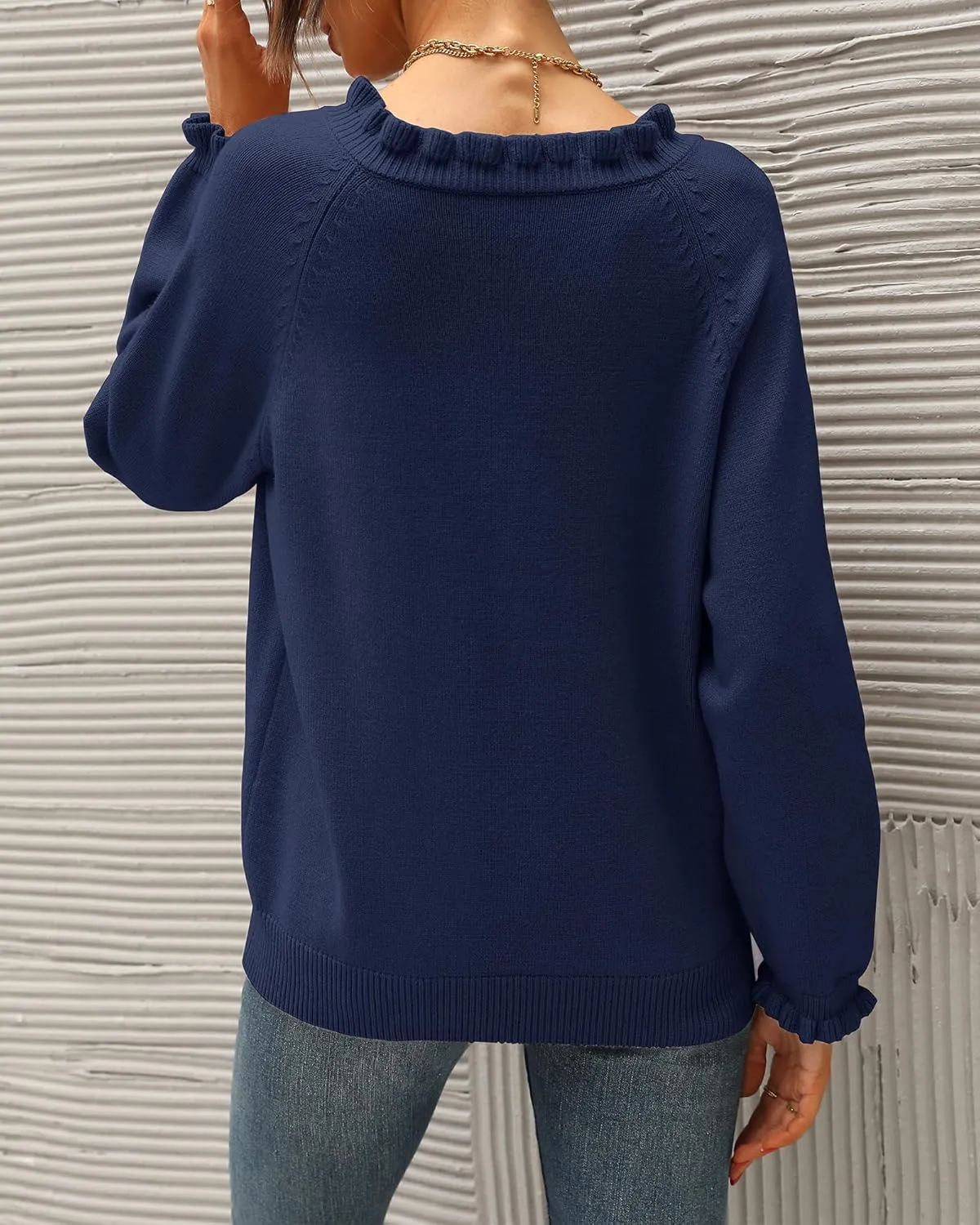 BTFBM Womens Sweaters Fall Winter Clothes 2025 Long Sleeve Button Down Ruffle Crew Neck Casual Knitted Pullover Tops