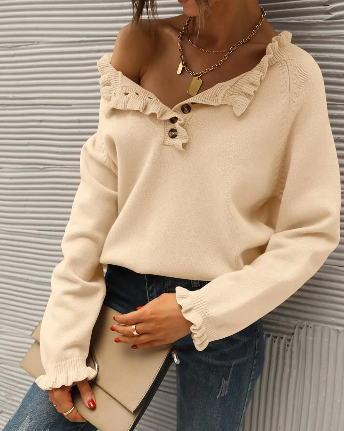 BTFBM Womens Sweaters Fall Winter Clothes 2025 Long Sleeve Button Down Ruffle Crew Neck Casual Knitted Pullover Tops
