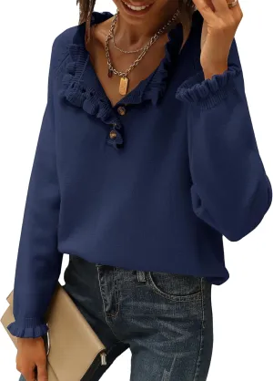 BTFBM Womens Sweaters Fall Winter Clothes 2025 Long Sleeve Button Down Ruffle Crew Neck Casual Knitted Pullover Tops