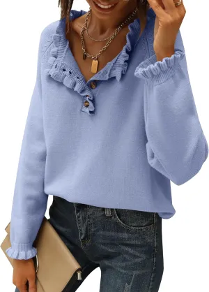 BTFBM Womens Sweaters Fall Winter Clothes 2025 Long Sleeve Button Down Ruffle Crew Neck Casual Knitted Pullover Tops