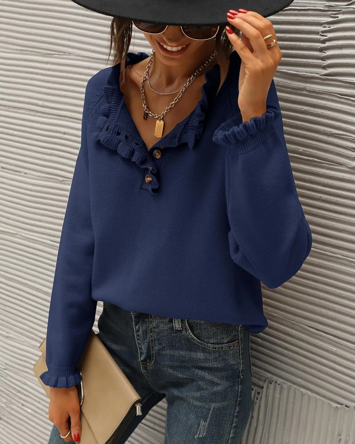 BTFBM Womens Sweaters Fall Winter Clothes 2025 Long Sleeve Button Down Ruffle Crew Neck Casual Knitted Pullover Tops