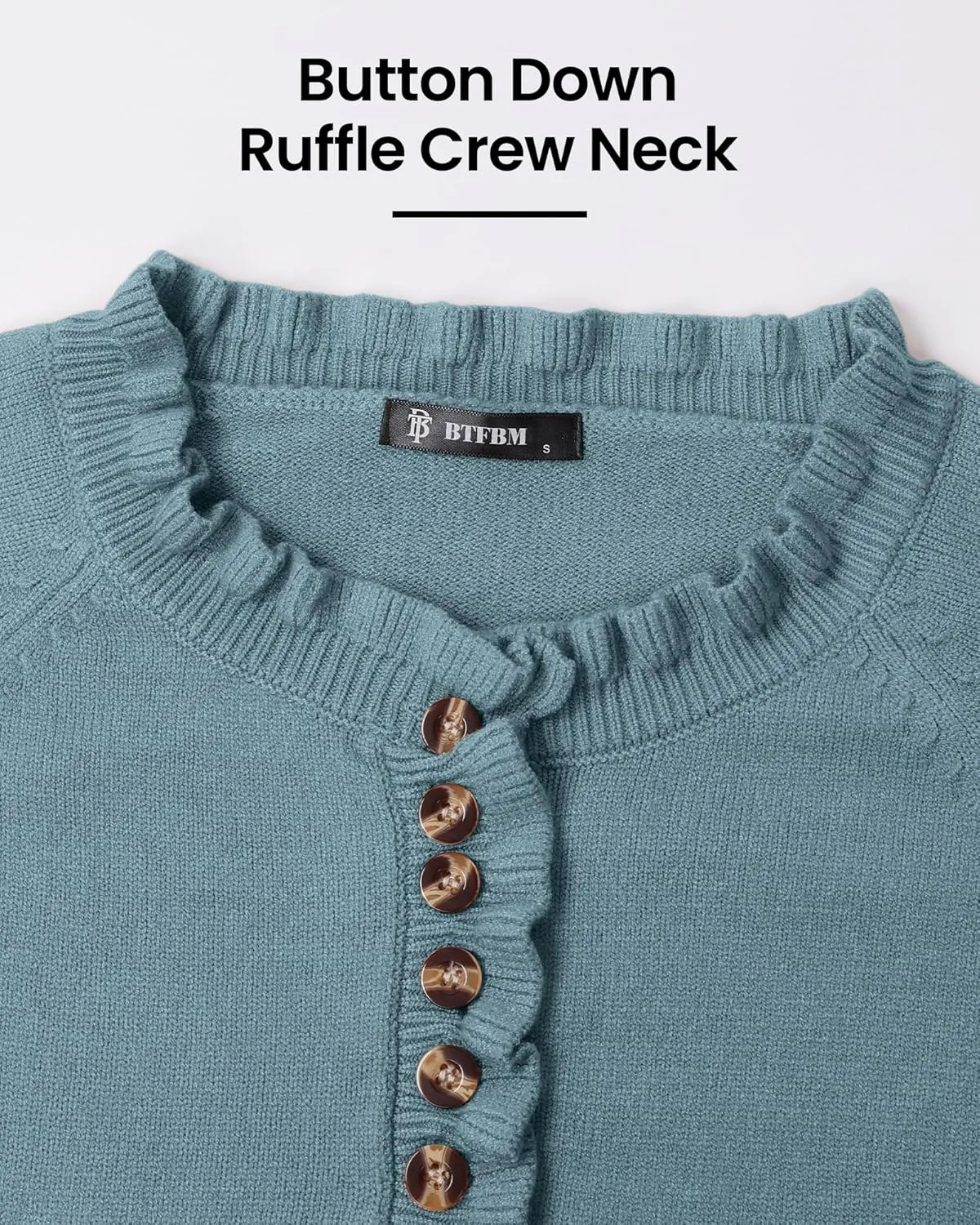 BTFBM Womens Sweaters Fall Winter Clothes 2025 Long Sleeve Button Down Ruffle Crew Neck Casual Knitted Pullover Tops