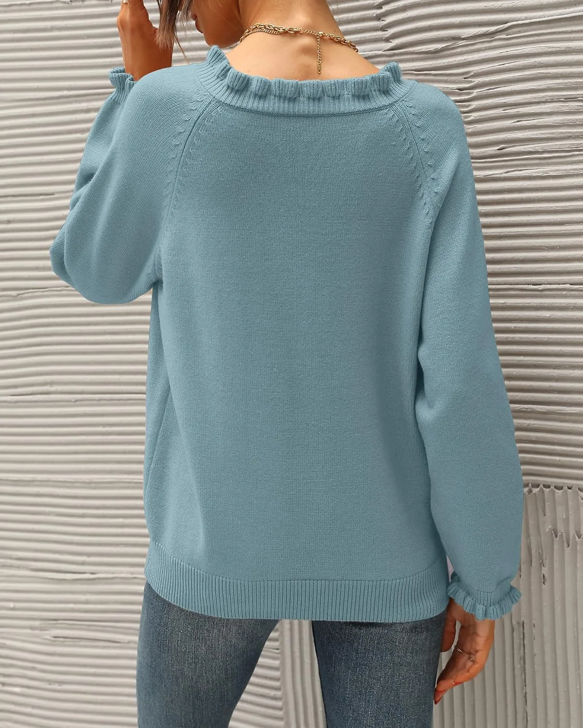 BTFBM Womens Sweaters Fall Winter Clothes 2025 Long Sleeve Button Down Ruffle Crew Neck Casual Knitted Pullover Tops