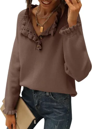 BTFBM Womens Sweaters Fall Winter Clothes 2025 Long Sleeve Button Down Ruffle Crew Neck Casual Knitted Pullover Tops