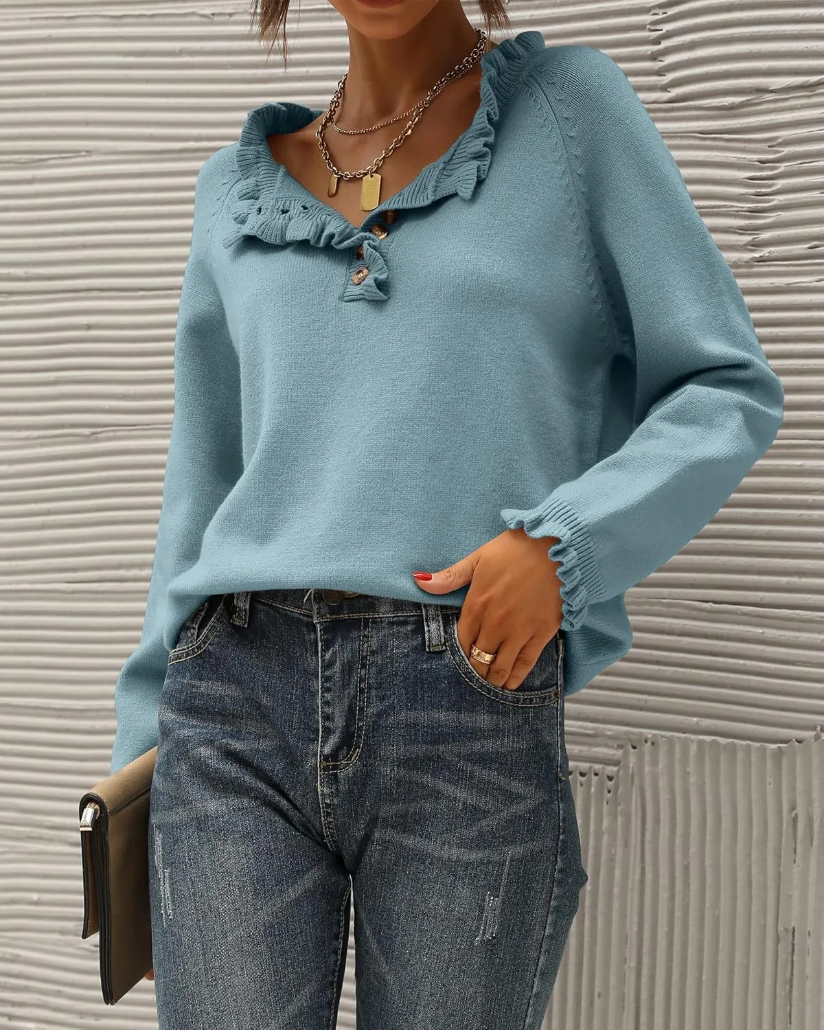 BTFBM Womens Sweaters Fall Winter Clothes 2025 Long Sleeve Button Down Ruffle Crew Neck Casual Knitted Pullover Tops