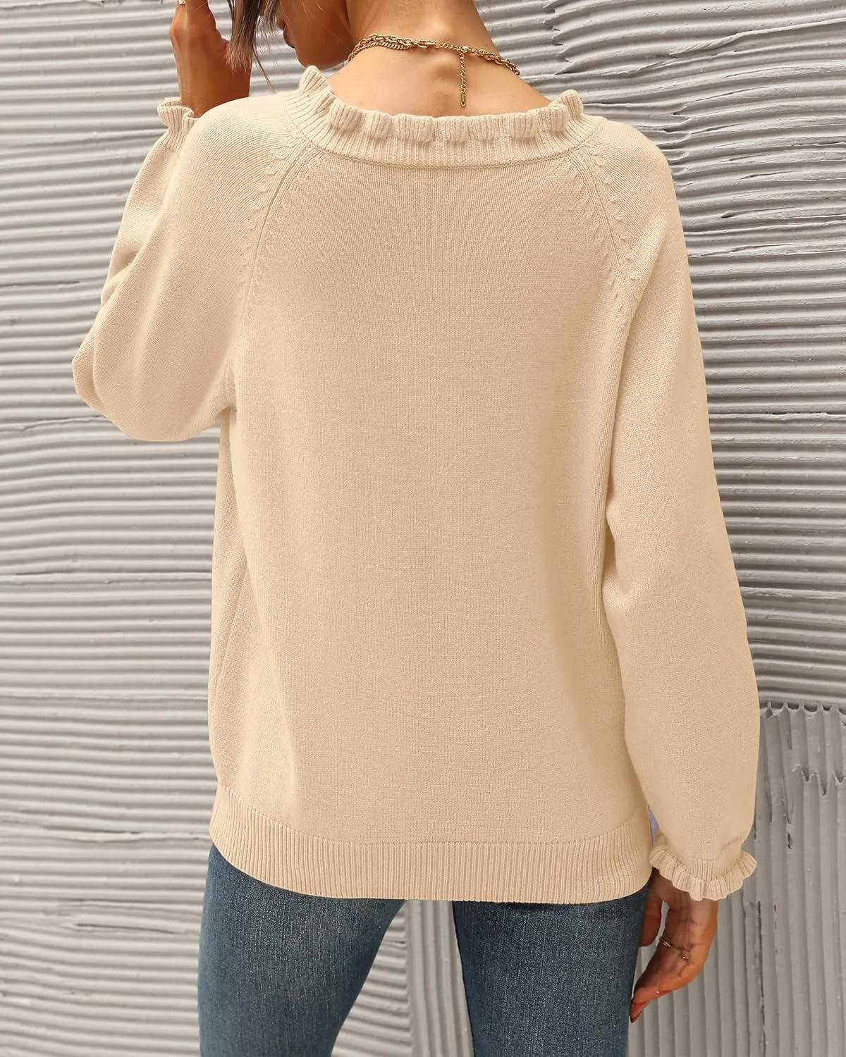 BTFBM Womens Sweaters Fall Winter Clothes 2025 Long Sleeve Button Down Ruffle Crew Neck Casual Knitted Pullover Tops