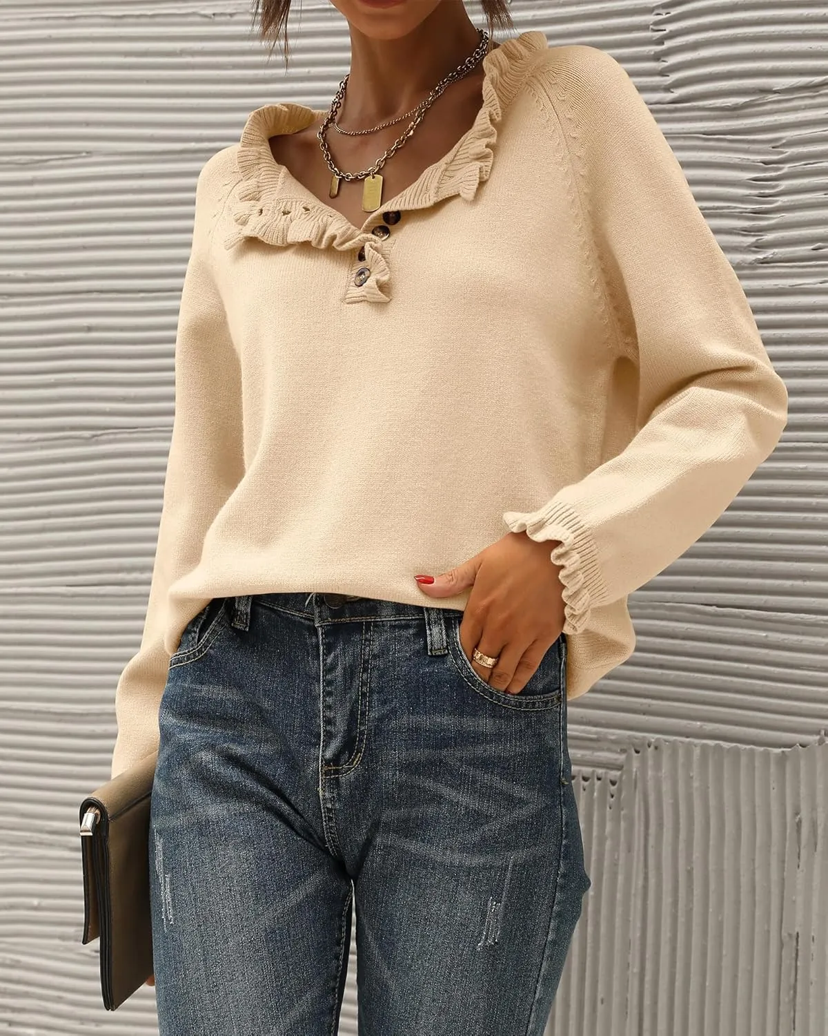 BTFBM Womens Sweaters Fall Winter Clothes 2025 Long Sleeve Button Down Ruffle Crew Neck Casual Knitted Pullover Tops