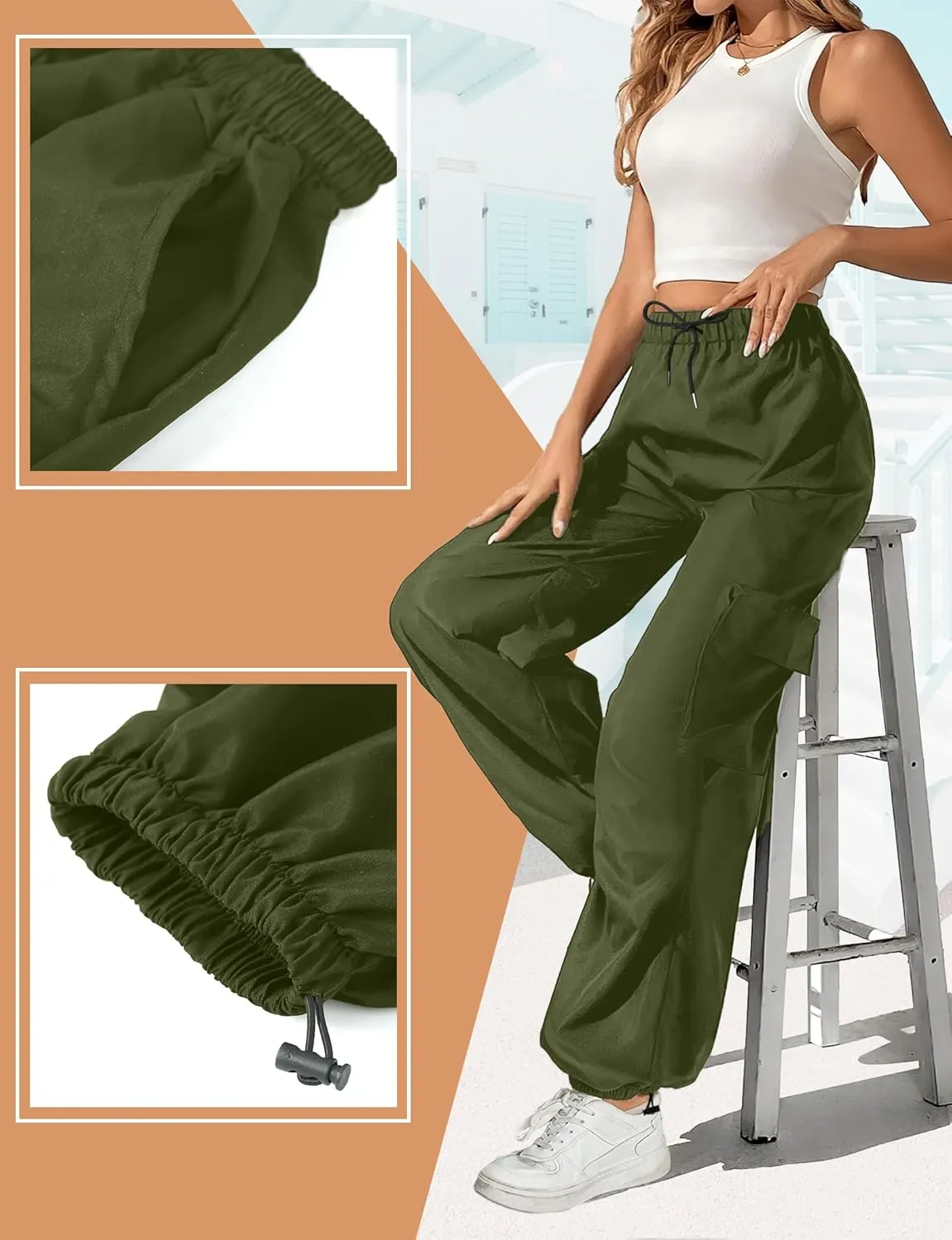 Buauty Womens Cargo Pants, Black Baggy Parachute Pants with Pockets Trendy Cargo Sweatpants Joggers for Women, Y2k Pants