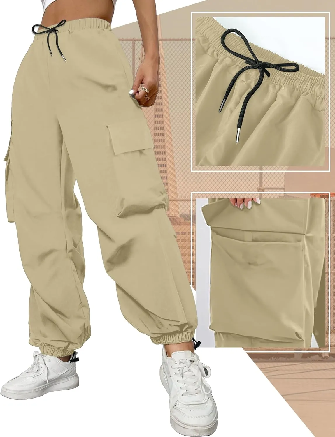 Buauty Womens Cargo Pants, Black Baggy Parachute Pants with Pockets Trendy Cargo Sweatpants Joggers for Women, Y2k Pants