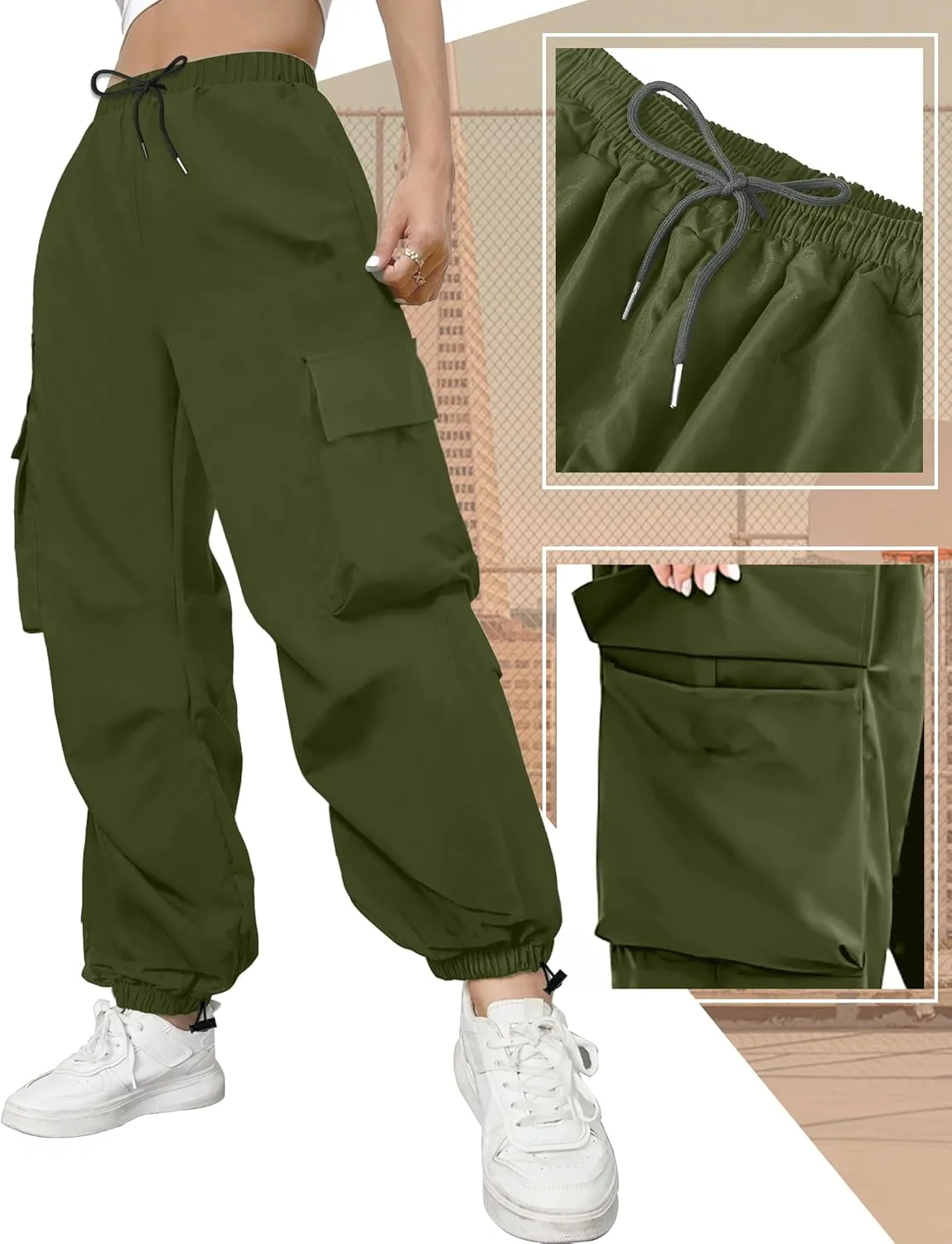 Buauty Womens Cargo Pants, Black Baggy Parachute Pants with Pockets Trendy Cargo Sweatpants Joggers for Women, Y2k Pants