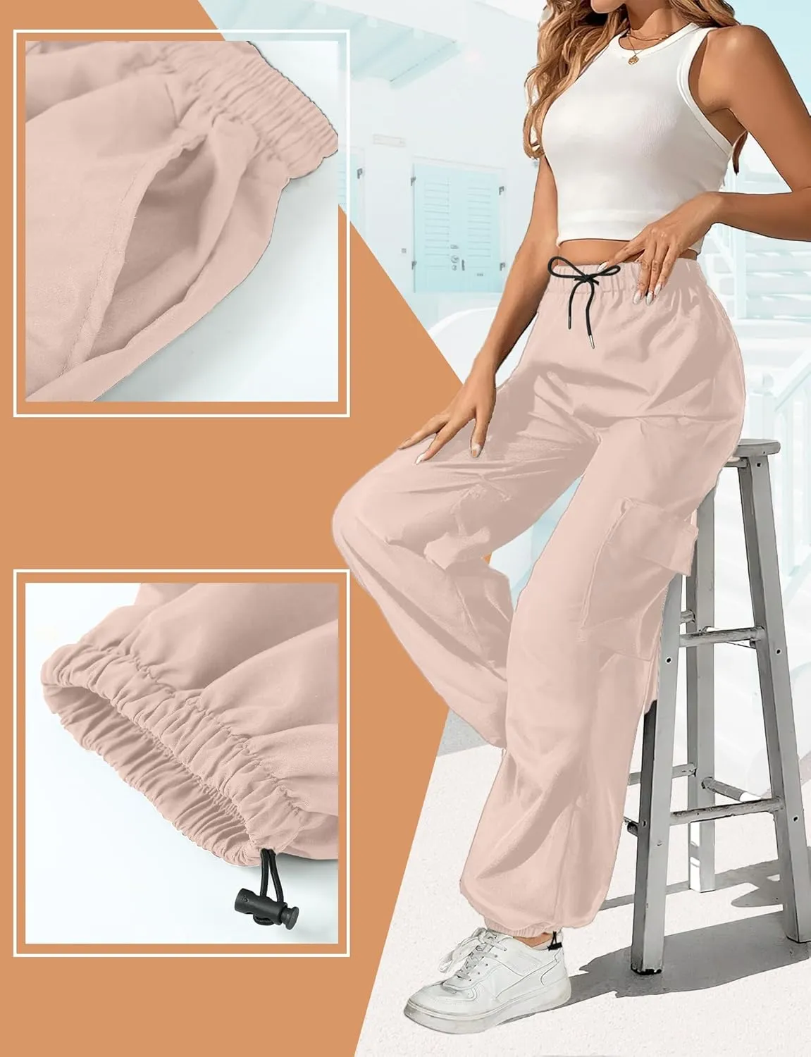 Buauty Womens Cargo Pants, Black Baggy Parachute Pants with Pockets Trendy Cargo Sweatpants Joggers for Women, Y2k Pants